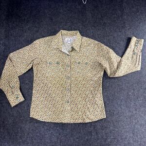 Panhandle Torquoise Snap Shirt Womens L Cream Paisley Western Cowgirl SawTooth